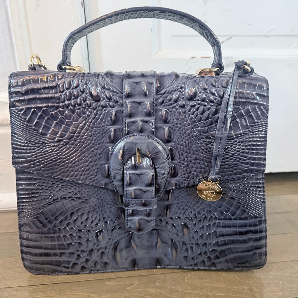 Croc-Embossed Top Handle Satchel - Dark Gray/blue